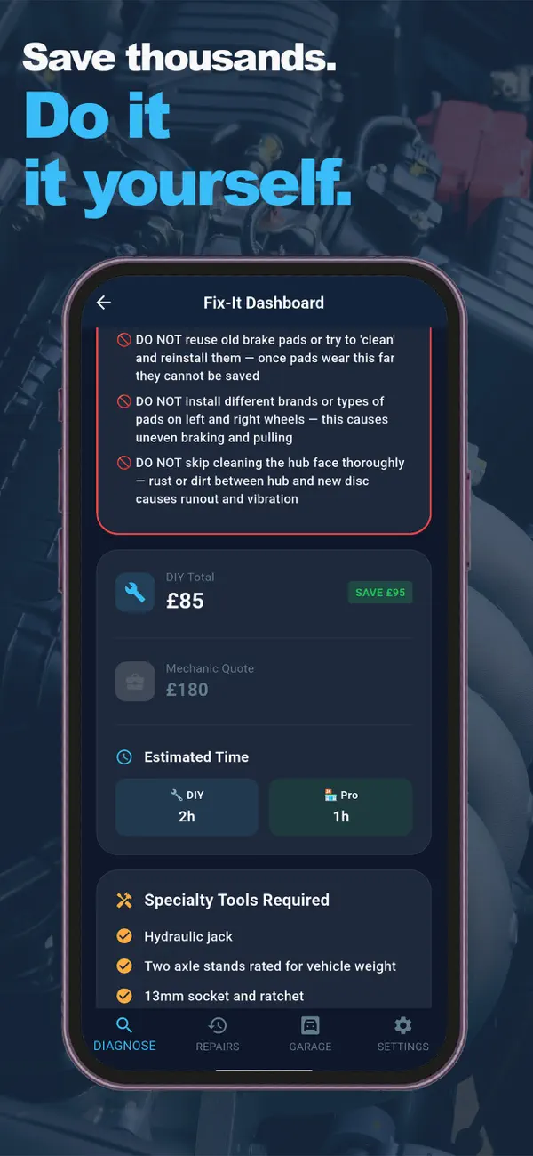 HoodHero mobile app showing a fictional vehicle repair plan and cost estimate